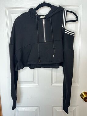 Emma & Sam Cropped Hoodie Cutout Shoulder Zip Up Top